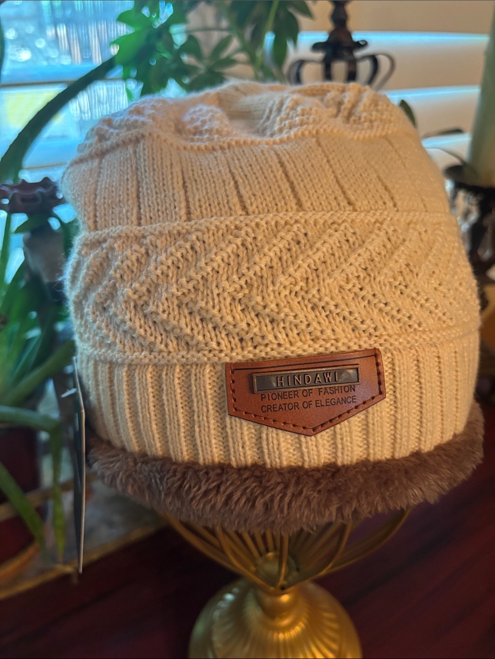 Hindawi Cream Knit Beanie Hat with Faux Fur Trim